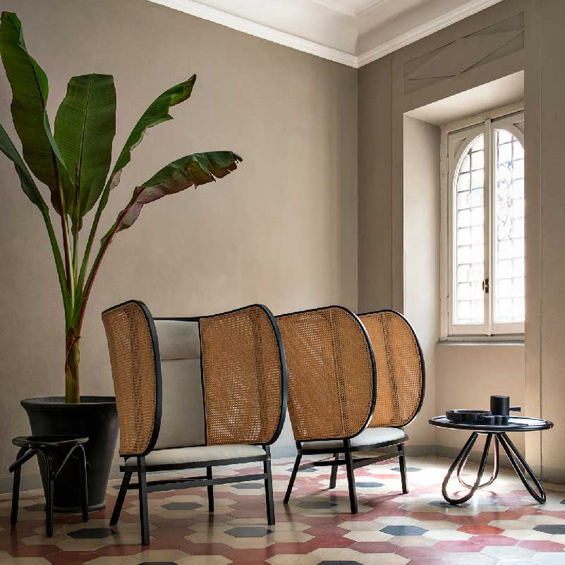 Woven cane accent chairs with black frames, modern round coffee table, and potted plant in minimalist interior.