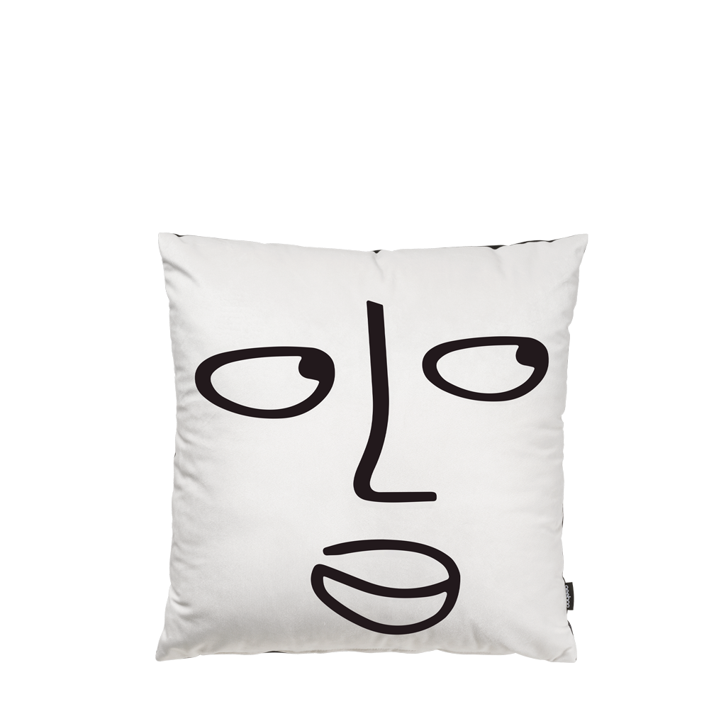 Cotton cushion by Shantell Martin, white with abstract black face line art