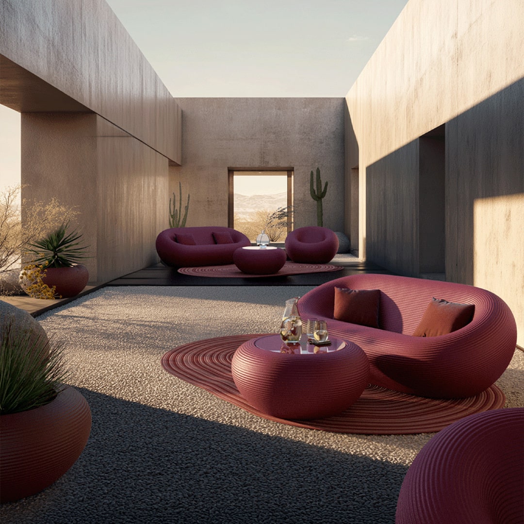 Qeeboo Nami collection burgundy curved sofas and tables in a modern outdoor setting