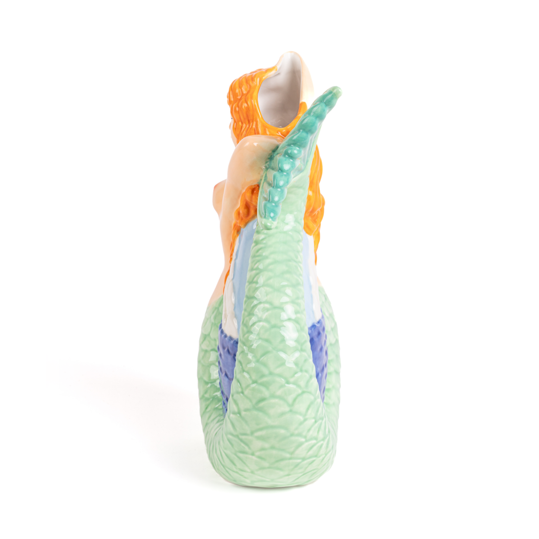 Seletti Mermaid Ceramic Pitcher, side view of the mermaid jug showing the opening behind her head