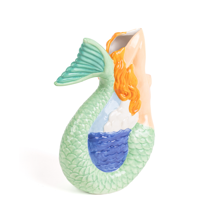 Seletti Mermaid Ceramic Pitcher, back view with the green tail fin and the painted blue sea panel