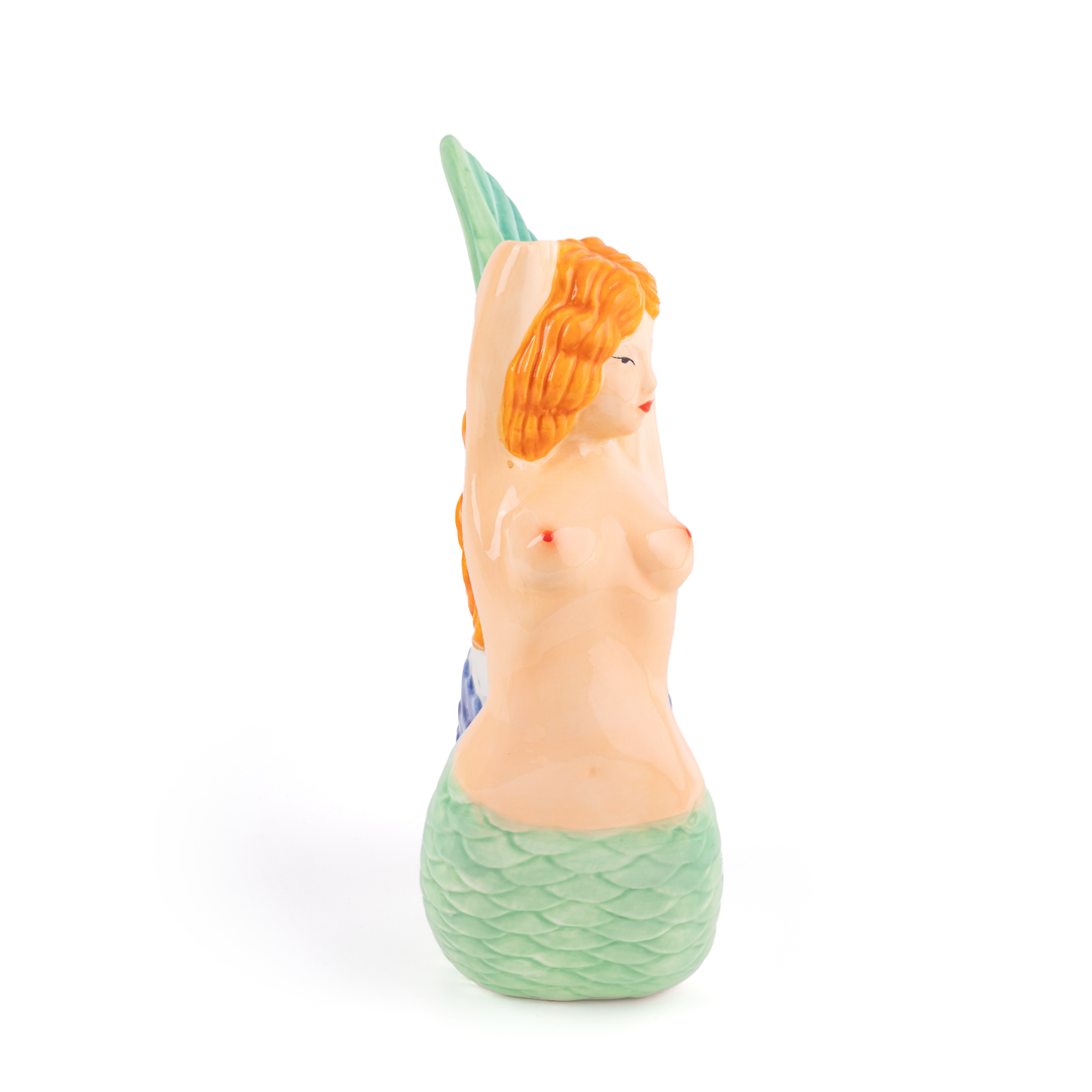 Seletti Mermaid Ceramic Pitcher, narrow side profile of the mermaid jug on its tail base
