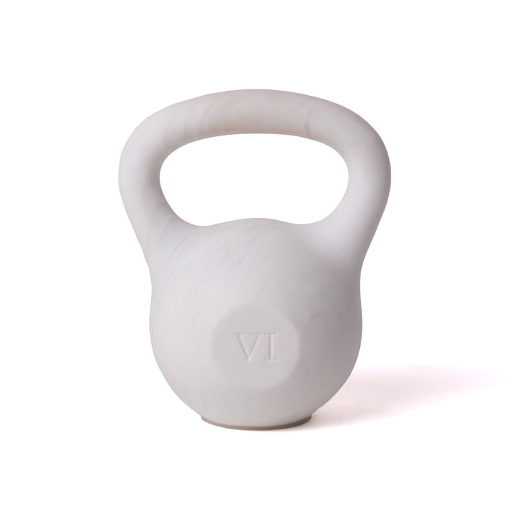 Seletti Lvdis Marble Kettlebell, white marble kettlebell with a rounded handle and Roman numeral VI