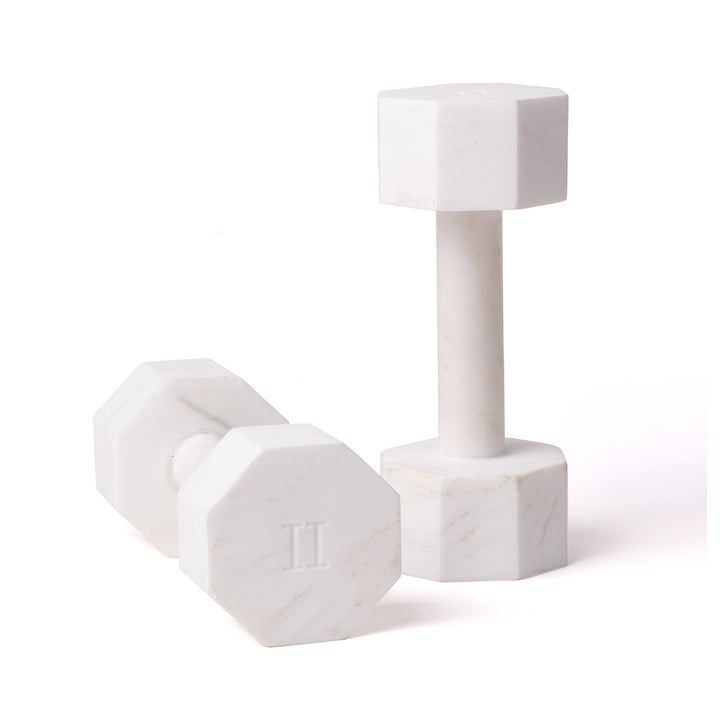Seletti Lvdis Marble Dumbbells 2 kg (Set of 2), pair of white marble dumbbells with octagonal ends, one standing, one lying