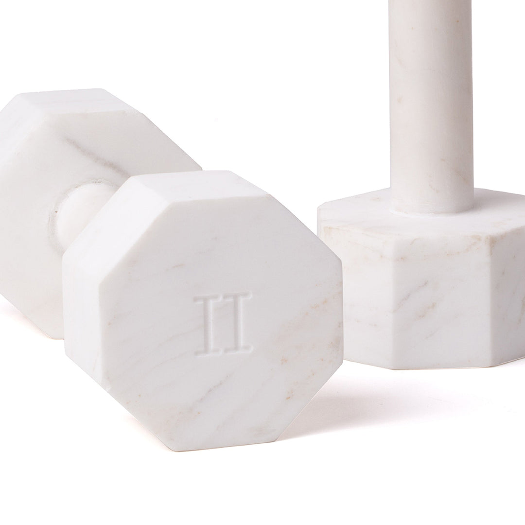 Seletti Lvdis Marble Dumbbells 2 kg (Set of 2), close-up of an octagonal end engraved with the numeral II