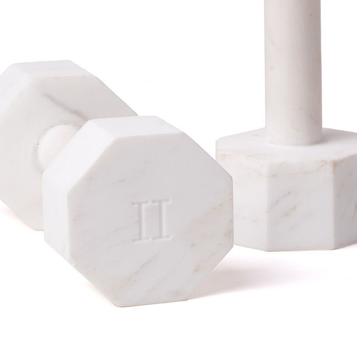Seletti Lvdis Marble Dumbbells 2 kg (Set of 2), close-up of an octagonal end engraved with the numeral II