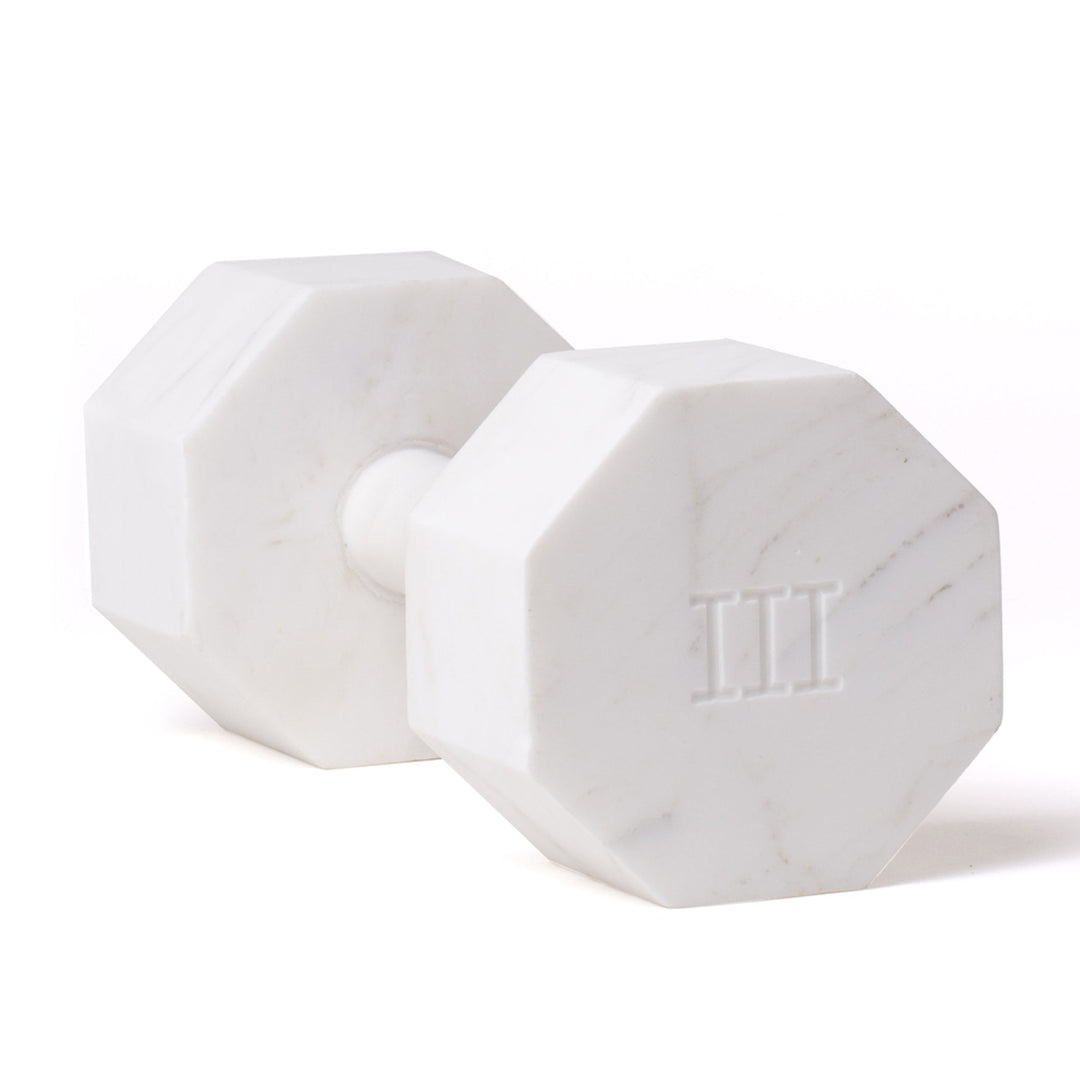 Seletti Lvdis Marble Dumbbells 3 kg (Set of 2), close-up of the octagonal head engraved with the numeral III