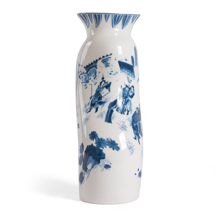 Seletti Classics on Acid King Wen Blue and White Vase, front view of the slender vase with blue painted foliage