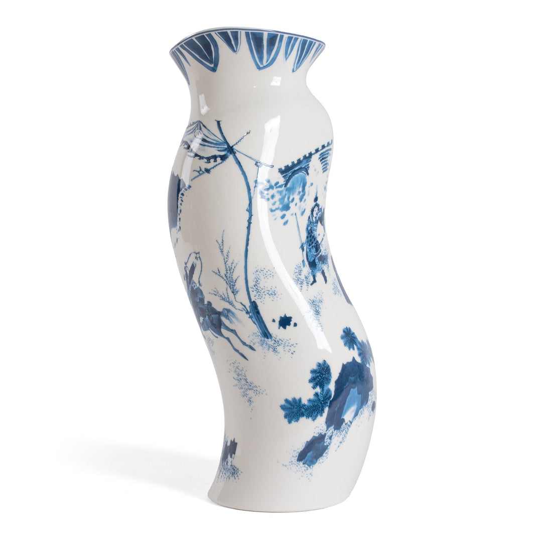 Seletti Classics on Acid King Wen Blue and White Vase, curved porcelain vase with blue birds, blossoms and a scalloped rim