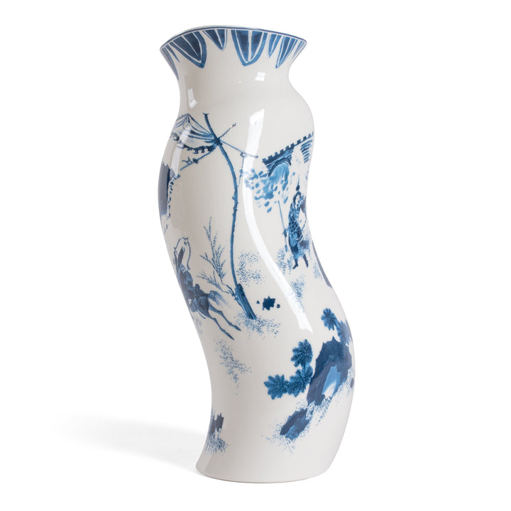Seletti Classics on Acid King Wen Blue and White Vase, curved porcelain vase with blue birds, blossoms and a scalloped rim