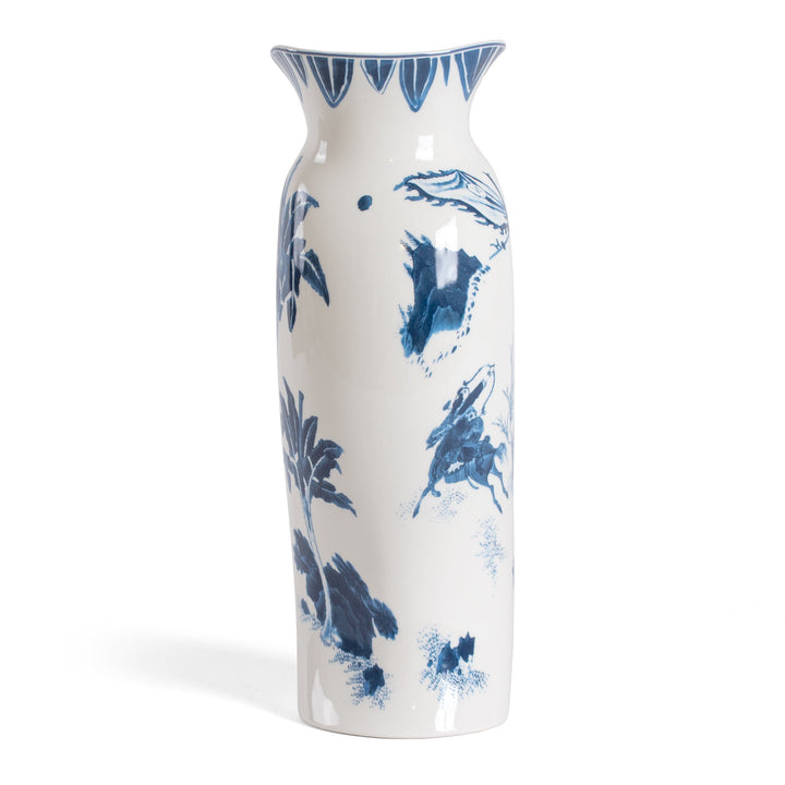Seletti Classics on Acid King Wen Blue and White Vase, straight-on view showing blue birds on the white body