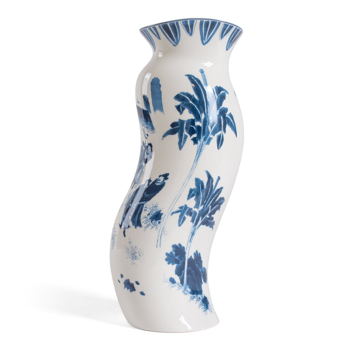 Seletti Classics on Acid King Wen Blue and White Vase, side profile of the S-curved vase with palm-like blue leaves