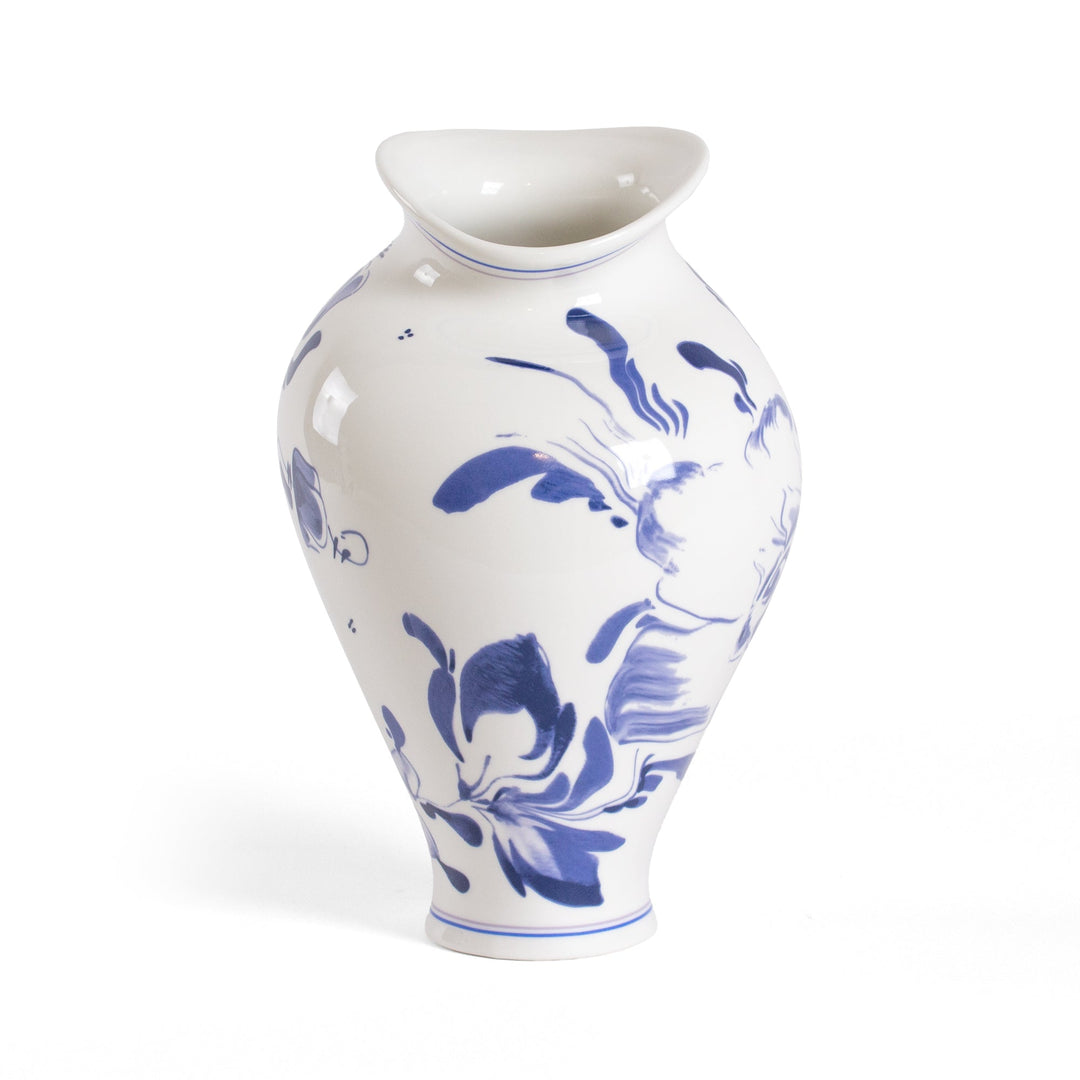 Seletti Classics on Acid Floral Delft Vase, white porcelain baluster vase with smeared blue Delft flowers and a tilted rim