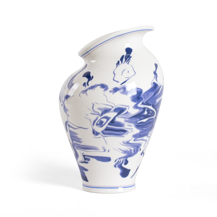 Seletti Classics on Acid Floral Delft Vase, side view of the warped rim and swirling blue brushwork