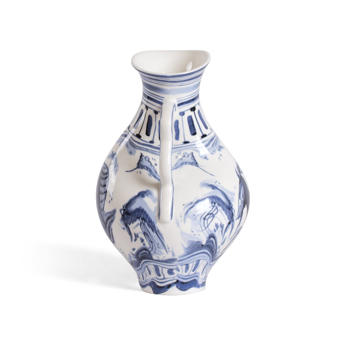 Seletti Classics on Acid Ibex Blue and White Vase, side view showing a looped handle and banded neck