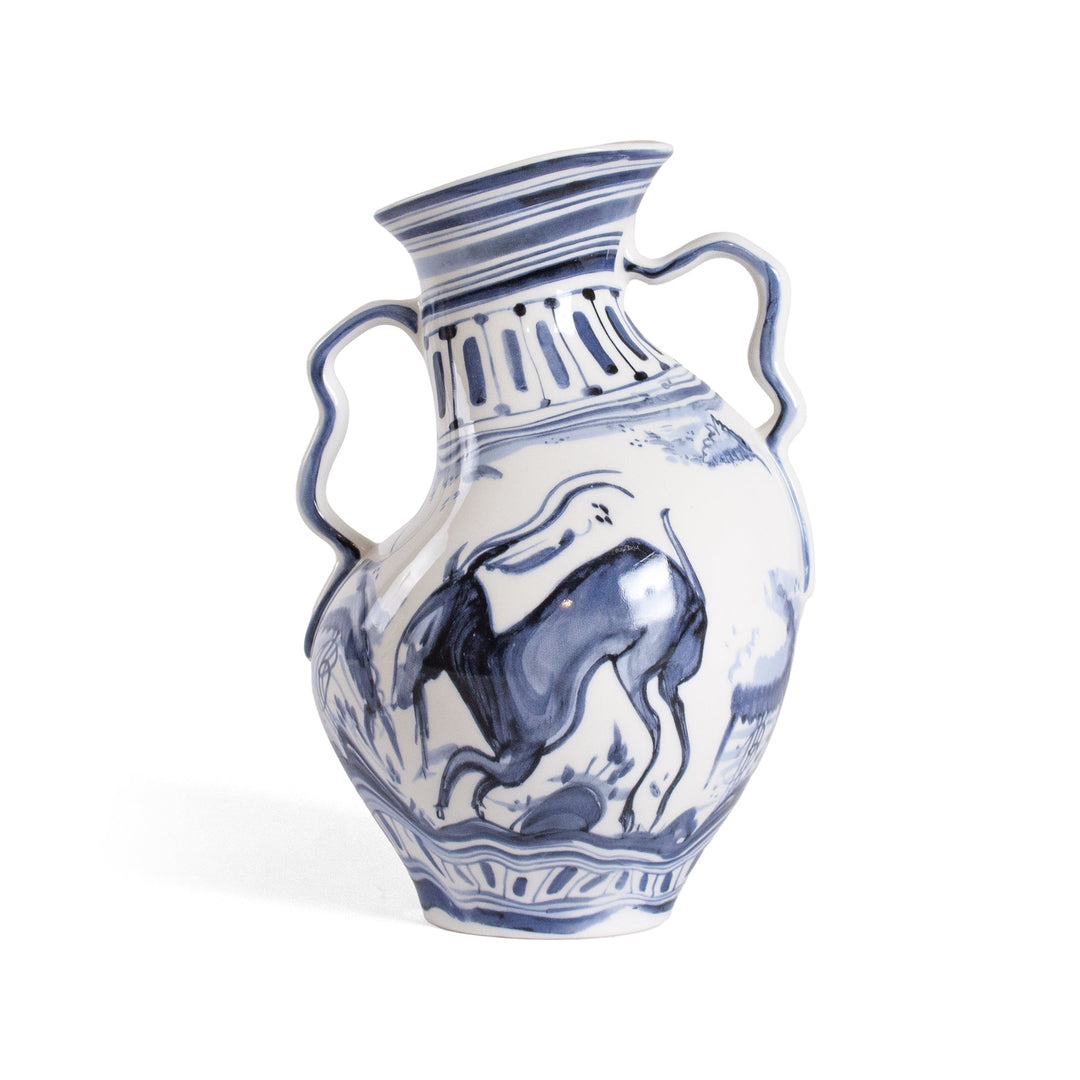 Seletti Classics on Acid Ibex Blue and White Vase, two-handled porcelain vase with a blue ibex in swirling strokes