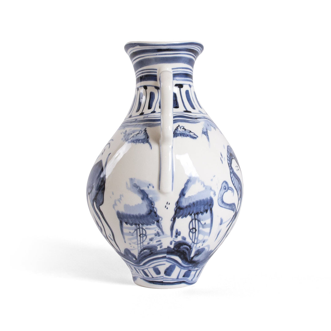 Seletti Classics on Acid Ibex Blue and White Vase, back view with the second handle and blue figures