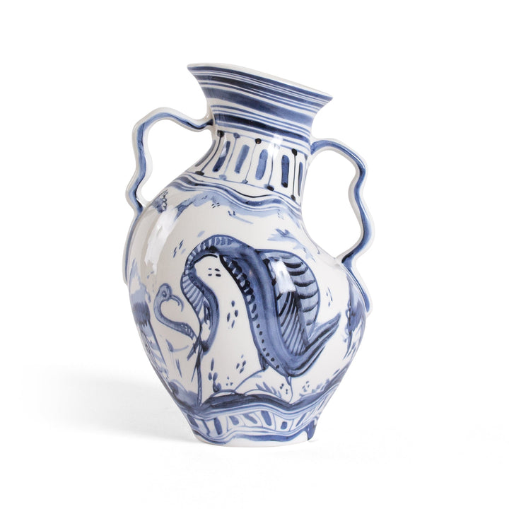 Seletti Classics on Acid Ibex Blue and White Vase, three-quarter view of the warped blue ibex painting