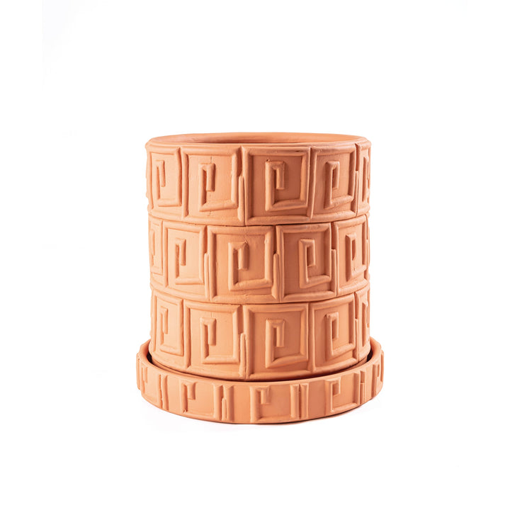 Seletti Magna Graecia Terracotta Vase Greca, tall terracotta pot with a Greek key relief on its saucer
