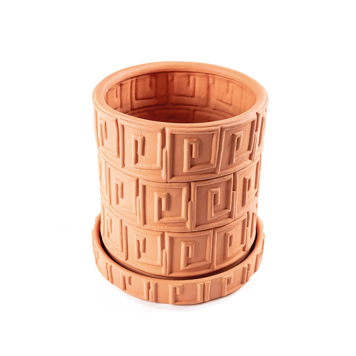 Seletti Magna Graecia Terracotta Vase Greca, angled view of the Greek key pot from above