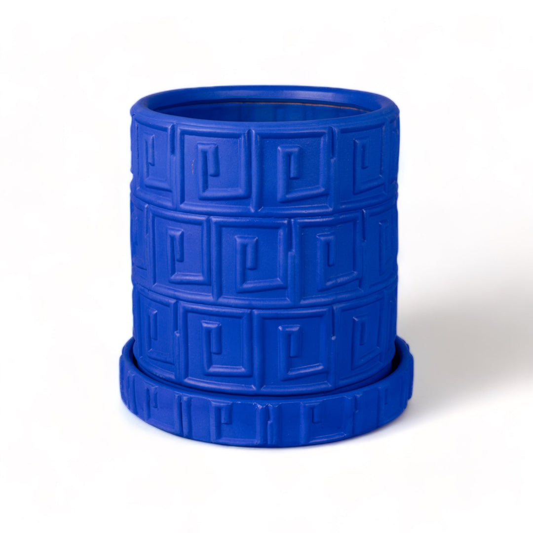 Seletti Magna Graecia Terracotta Vase Greca Blue, large cobalt blue pot with Greek key relief on its saucer