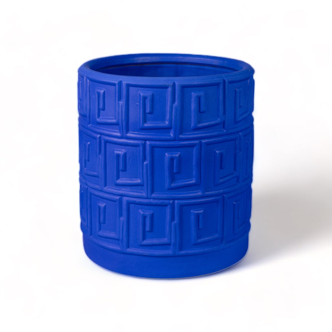 Seletti Magna Graecia Terracotta Vase Greca Blue, the Greek key pot alone, front view