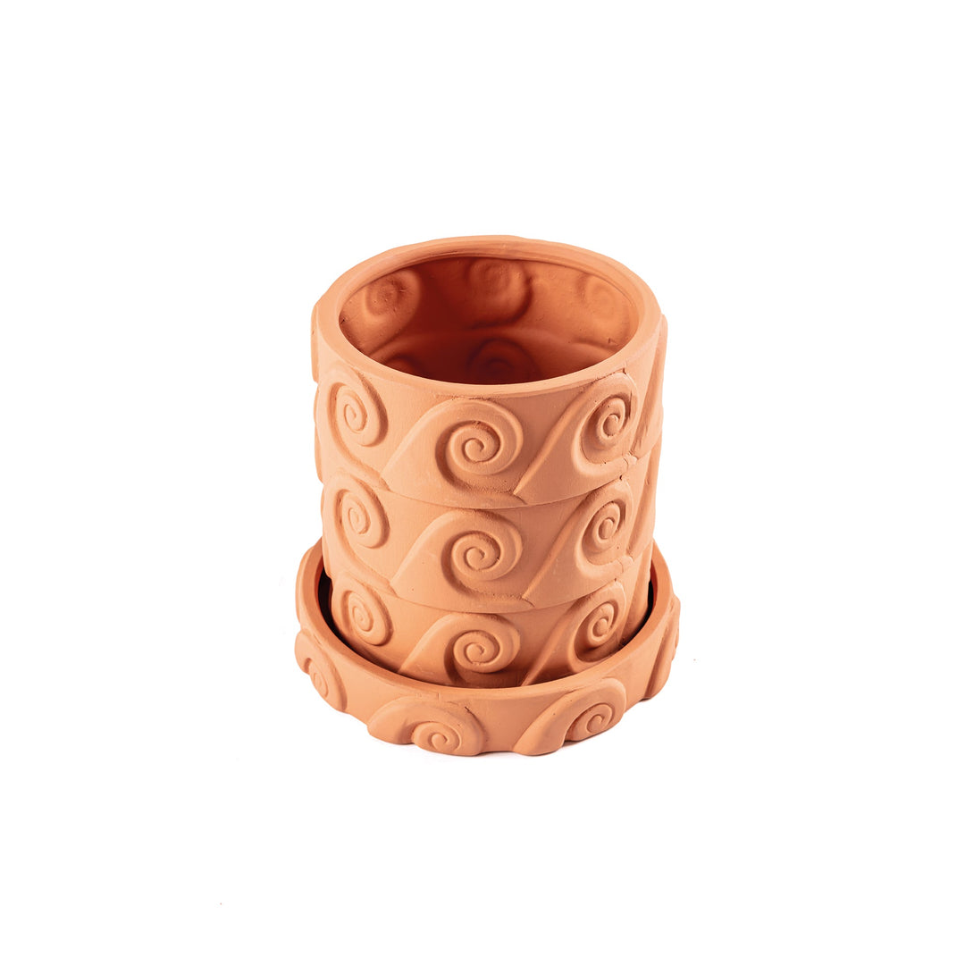 Seletti Magna Graecia Terracotta Vase Onda, angled view into the spiral-patterned pot