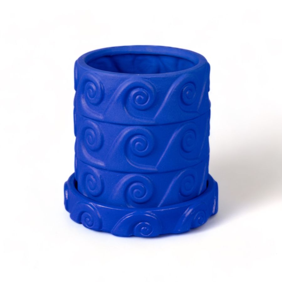 Seletti Magna Graecia Terracotta Vase Onda Blue, small cobalt blue pot carved with wave spirals, standing on its saucer