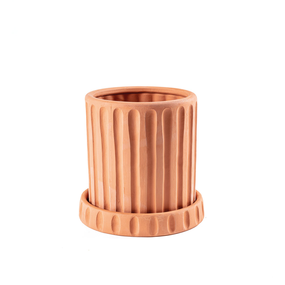 Seletti Magna Graecia Terracotta Vase Dorico, round terracotta pot with Doric fluting on a matching saucer