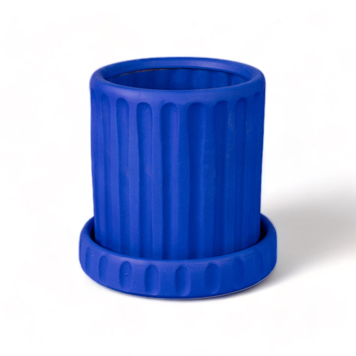 Seletti Magna Graecia Terracotta Vase Dorico Blue, cobalt blue fluted pot standing on its saucer
