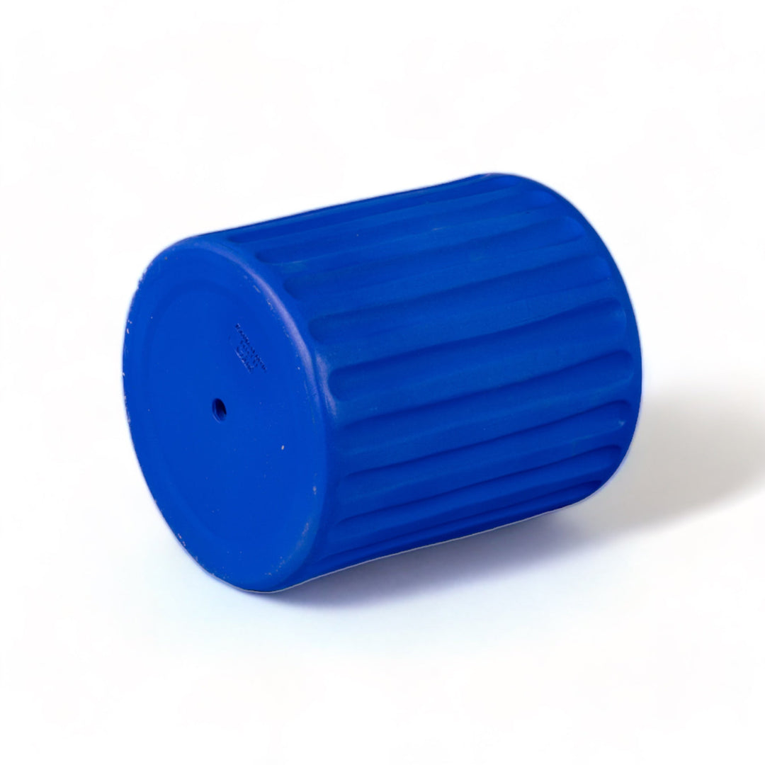 Seletti Magna Graecia Terracotta Vase Dorico Blue, pot on its side showing the drainage hole