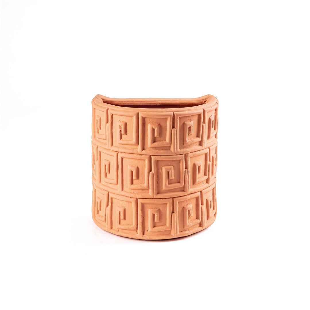 Seletti Magna Graecia Terracotta Wall Vase Greche, half-round terracotta wall vase covered in a Greek key pattern