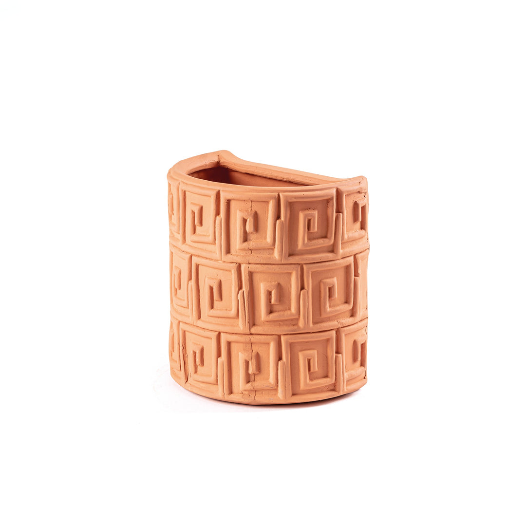 Seletti Magna Graecia Terracotta Wall Vase Greche, angled view of the Greek key relief