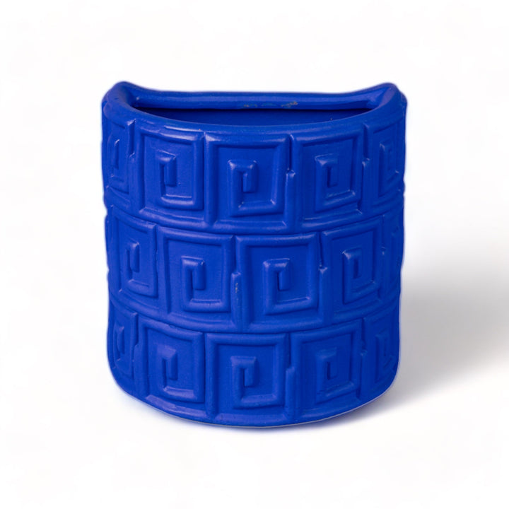 Seletti Magna Graecia Terracotta Wall Vase Greche Blue, cobalt blue half-round wall vase with Greek key relief, front