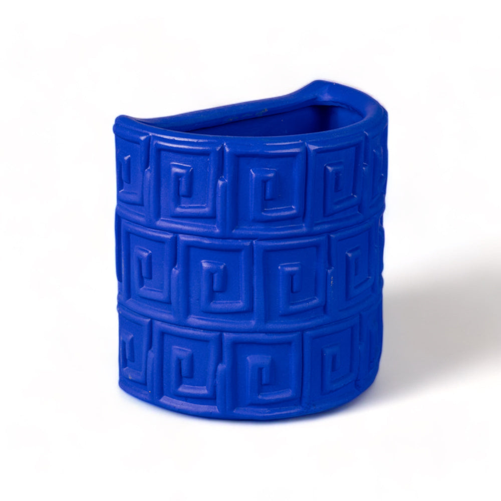 Seletti Magna Graecia Terracotta Wall Vase Greche Blue, angled view of the blue Greek key pattern