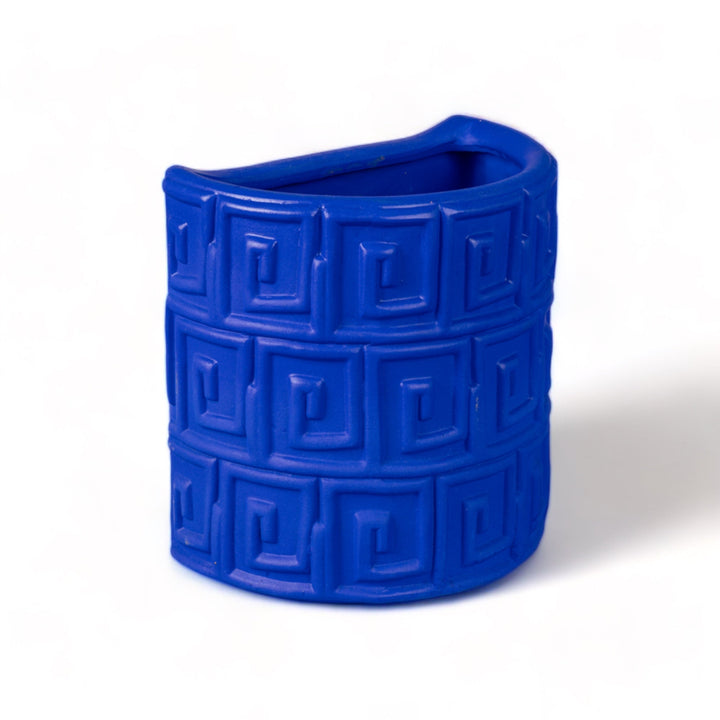 Seletti Magna Graecia Terracotta Wall Vase Greche Blue, angled view of the blue Greek key pattern
