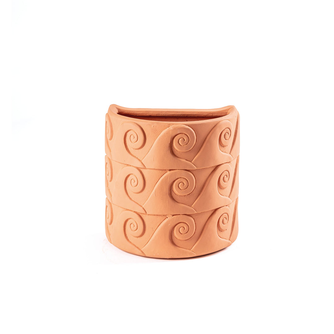 Seletti Magna Graecia Terracotta Wall Vase Onde, half-round terracotta wall vase with a relief of rolling wave spirals