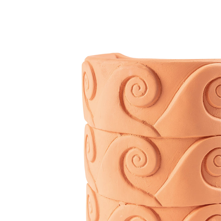 Seletti Magna Graecia Terracotta Wall Vase Onde, close-up of the carved wave scrolls