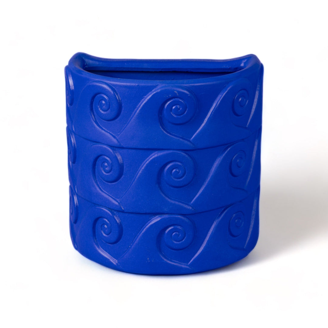 Seletti Magna Graecia Terracotta Wall Vase Onde Blue, cobalt blue half-round wall vase carved with wave spirals