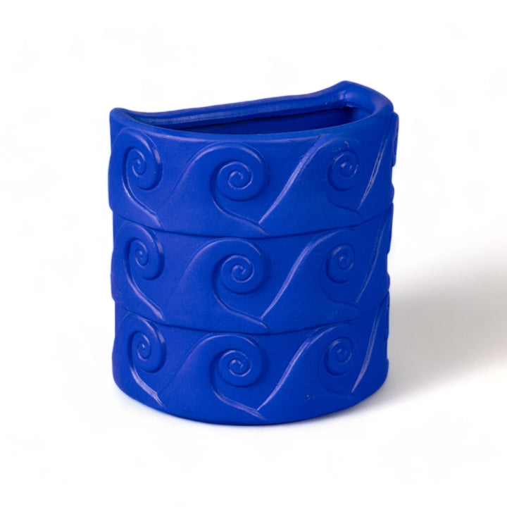 Seletti Magna Graecia Terracotta Wall Vase Onde Blue, angled view of the blue wave relief
