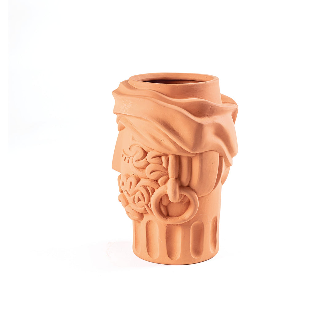 Seletti Magna Graecia Terracotta Head Vase Man, side view of the head vase and its carved ear ornament