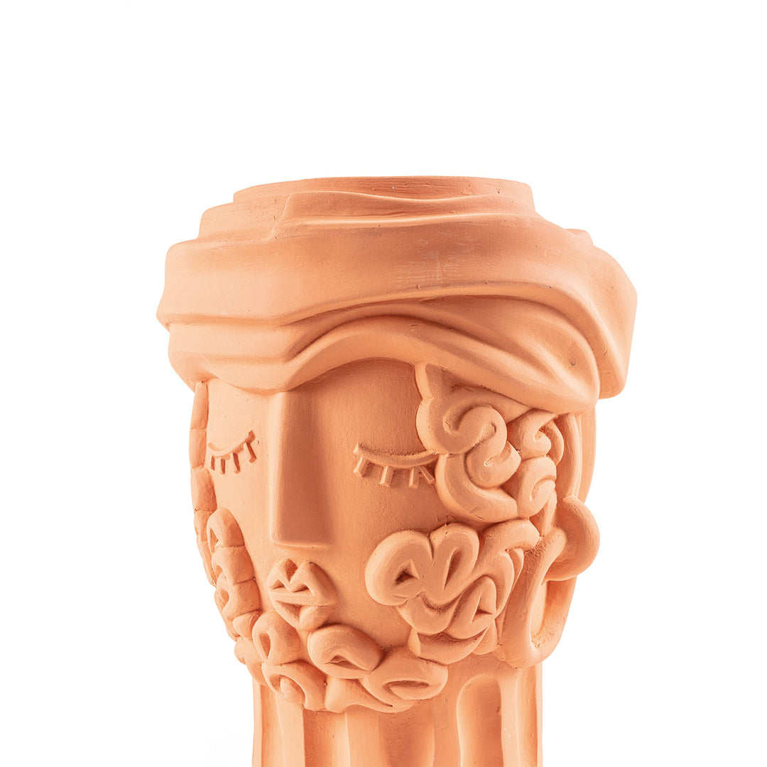 Seletti Magna Graecia Terracotta Head Vase Man, close-up of the closed eyes and curled beard