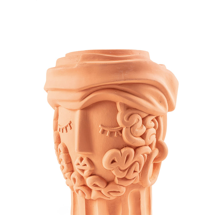 Seletti Magna Graecia Terracotta Head Vase Man, close-up of the closed eyes and curled beard