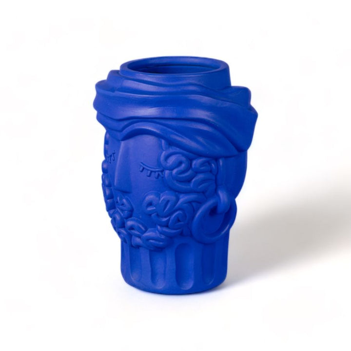 Seletti Magna Graecia Terracotta Head Vase Man Blue, three-quarter view of the beard and carved earring