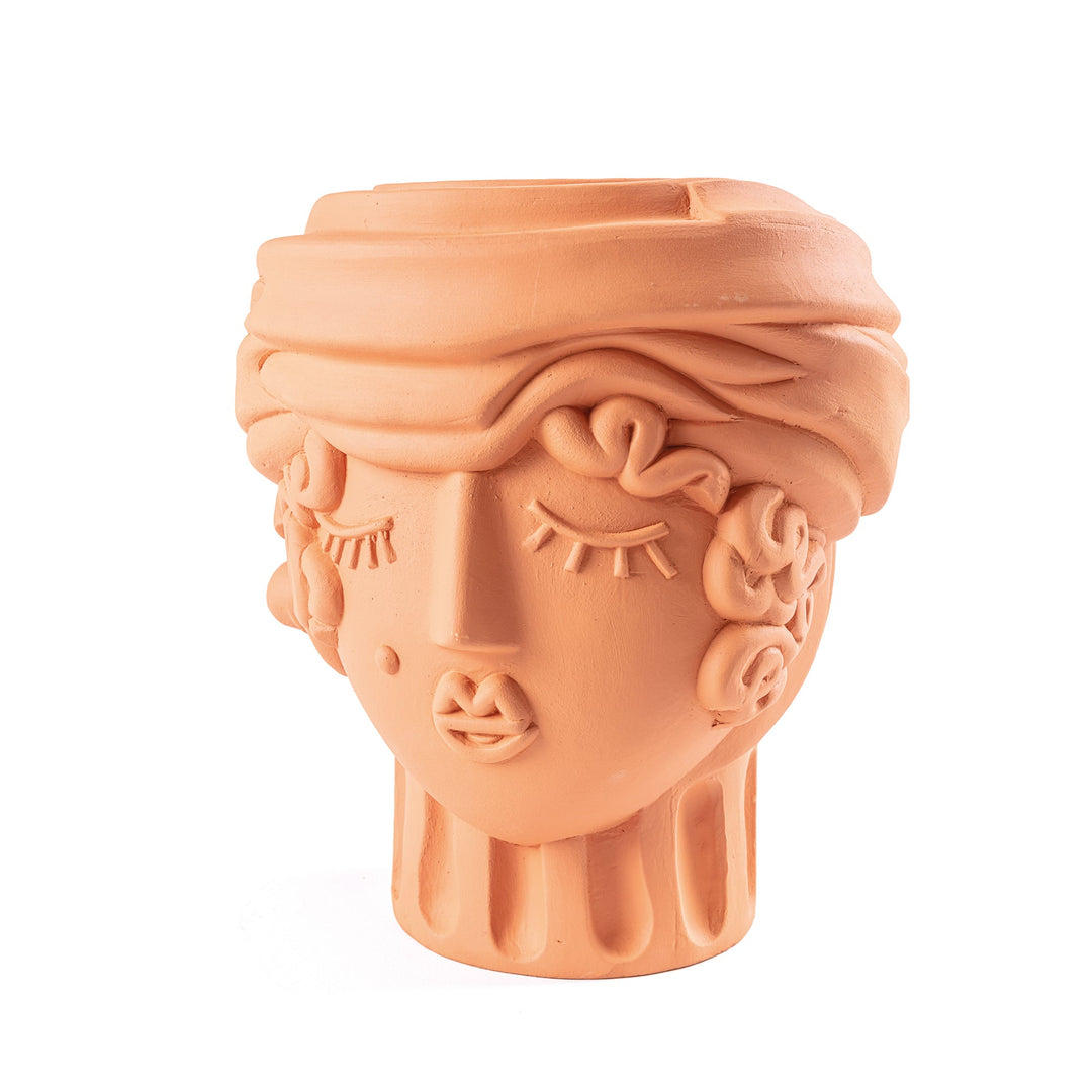 Seletti Magna Graecia Terracotta Head Vase Woman, close-up of the closed eyes and spiral earring