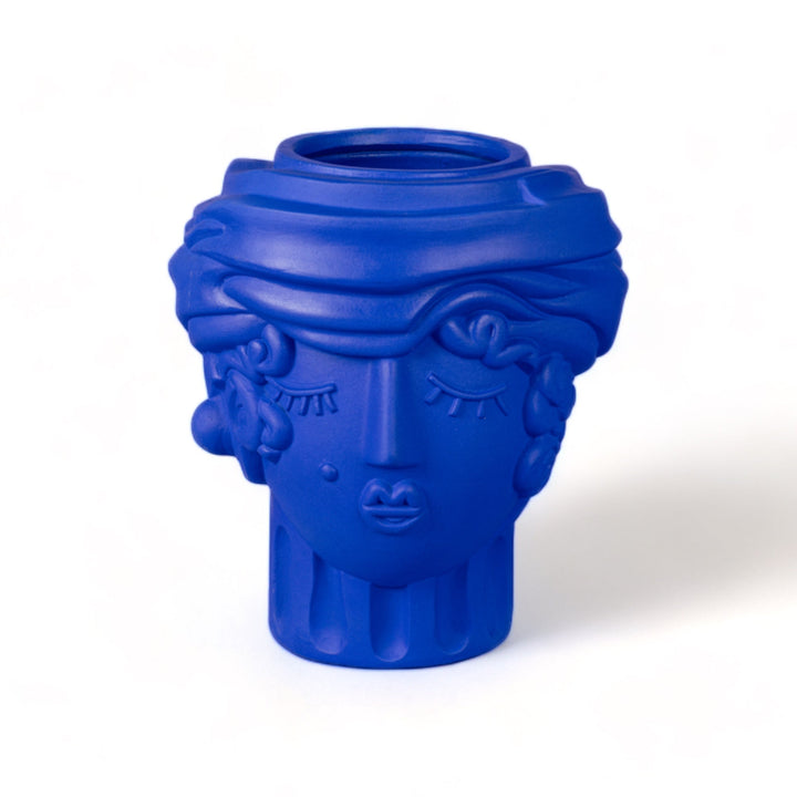 Seletti Magna Graecia Terracotta Head Vase Woman Blue, cobalt blue head vase of a woman in a headscarf, front