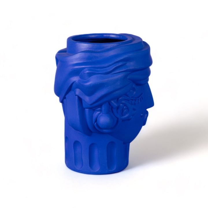 Seletti Magna Graecia Terracotta Head Vase Woman Blue, three-quarter view of the curls and spiral earring