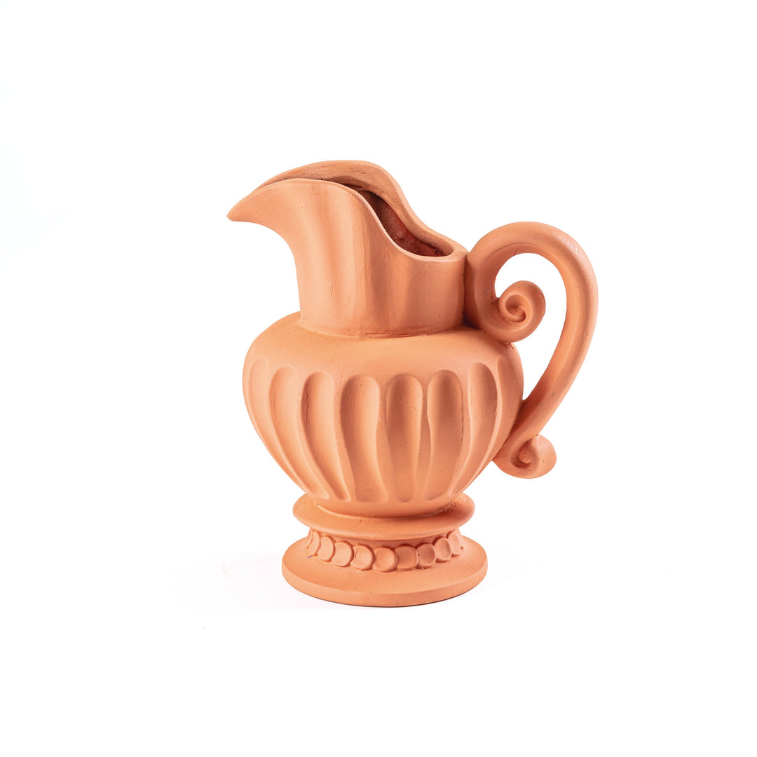 Seletti Magna Graecia Terracotta Caraffa, terracotta jug with a fluted body, pedestal foot and scrolled handle