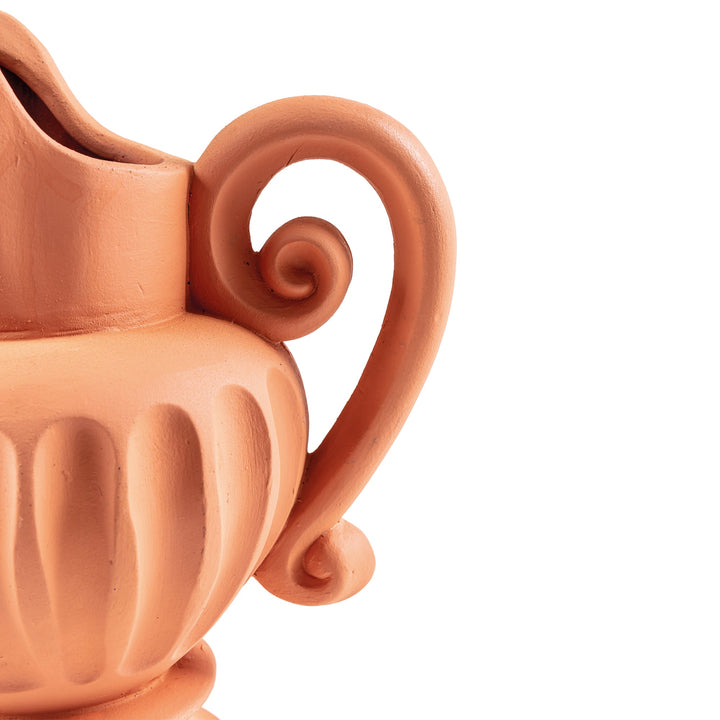 Seletti Magna Graecia Terracotta Caraffa, close-up of the scrolled handle and fluting