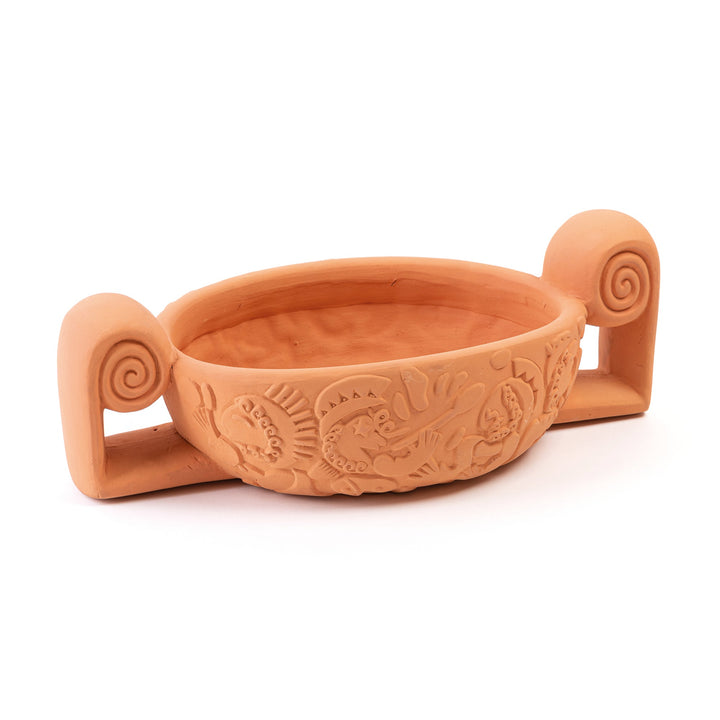 Seletti Magna Graecia Terracotta Centerpiece, oval terracotta centerpiece bowl with scroll handles and a carved frieze